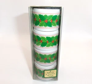 Hallmark Christmas Napkin Rings Holders Holly Berry Set of 4 Plastic White Green - Picture 1 of 10