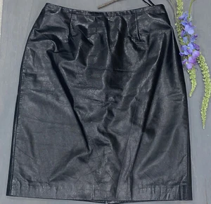 HUGO BUSCATI Skirt Black Real 100% Leather Knee-Length LINED Sz 6 - W27” x L20” - Picture 1 of 7