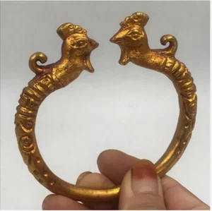 Antico bracciale testa di fenice dorato massiccio polso intagliato a mano oggetto di buon auspicio - Foto 1 di 6
