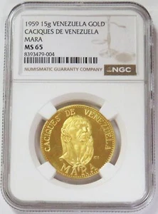 1959 ORO VENEZUELA MARA CHIEF CACIQUES 15 GRAMMI NGC MS 65 - Foto 1 di 2