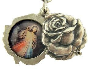 MRT Catholic Key Chain Silver Gild Saint Padre Pio Divine Mercy Rose Slide Italy - Picture 1 of 1