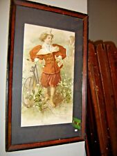 Antique Lithograph Print "With Longing Eyes" Framed Young Boy Bicycle      #8121