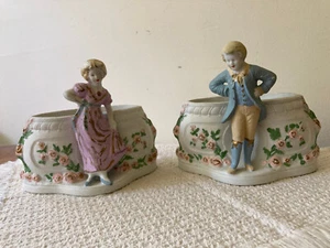 2 estatuillas antiguas de niño y niña de Bisque Planters L.P.W. Porcelana de Francia VTM 902 - Imagen 1 de 12