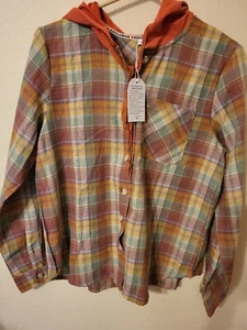 Faded Glory Womens Top L Sleeve Solid Hooded Tie Button Up Mauve Plaid Medium - Picture 1 of 24