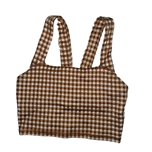Aerie Offline Brown Gingham Sports Bra Tank Medium Support Stretch Crop Top - Picture 1 of 8