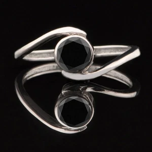 1.35Ct Round Shape 100% Natural Jet Black Diamond Ring In 925 Sterling Silver - Picture 1 of 6