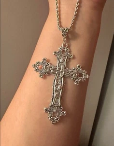 Gothic Victorian Kreuz Halskette Floral Design Religiös Grunch Silber Neu Groß - Bild 1 von 7