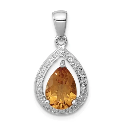 Sterling Silver Rhodiumed Pear Yellow Citrine & Diamond Double Teardrop Pendant - Image 1 of 2