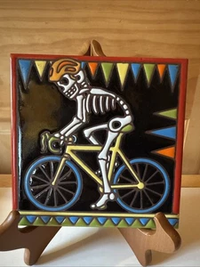 Day of the Dead Dia de los Muertos Skeleton Bicyclist Terracotta Tile 6x6” USA - Picture 1 of 6