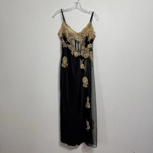 Jacalyn Bennett Fredericks Of Hollywood Black & Gold Silk Nightgown Size L Mesh - Picture 1 of 7