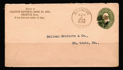 U.S. POSTAL STATIONERY CHANUTE NAT.BANK cds CHANUTE,KANS. 1895 ( NEOSHO CO. ) - Image 1 of 4