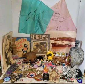 Vintage Junk Drawer Lot Jewelry Pinback Buttons Trinkets Hankies - Picture 1 of 24