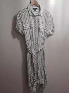 KAREN MILLEN SZ 10 BLUE &WHITE STRIPED BELTED BUTTONED SHORT SLEEVED SHIRT DRESS - Picture 1 of 11