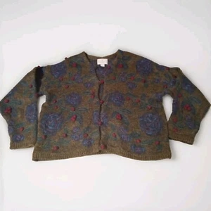 Vtg Express Tricot Cardigan Womens Large Mohair Acrylic Floral Fuzzy Sweater 3D - Picture 1 of 7