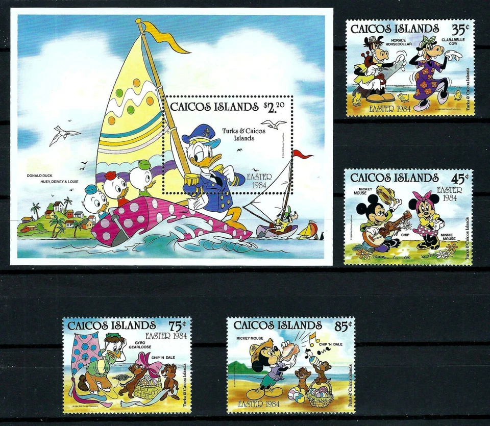 Islas CAICOS, SCOTT # 42-46, JUEGO DE 4 SELLOS Y S/S 1984 WALT DISNEY PASCUA MNH Foto 1 de 1