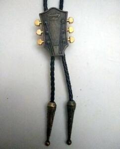 GUITAR COUNTRY ROCK Music Bronze Finish Men's BOLO TIE with Leather Strap New
