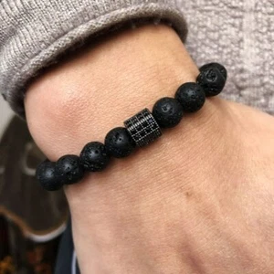 Natural Stone Beads Lava Bracelets Luxury CZ Paved Six Wheel Column Mens Braclet - Picture 1 of 50