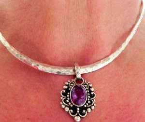 ✨DIVINE✨ 23g sterling silver 925 full HM amethyst pendant choker collar necklace - Picture 1 of 17