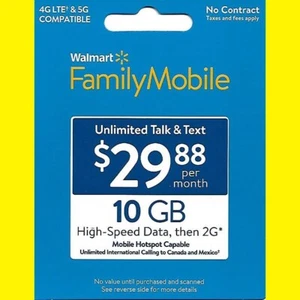 Carte de données recharge prépayée Walmart FamilyMobile 10 Go neuve valeur 29,88 $ - Photo 1 sur 3