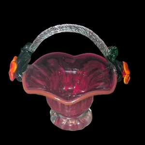 Murano Vintage Italian Glass Flower Basket Set in Red and Cobalt Blue - Picture 1 of 14