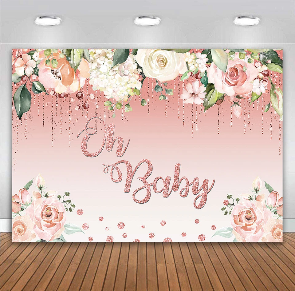 Fondo de fiesta temática Oh Baby acuarela flor brillo baby shower telón de fondo Foto 1 de 1