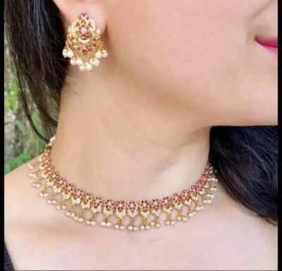 Jadau Ruby necklace earrings set wedding bridal gift pakistani indian jewelry - Image 1 of 4