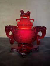 Chinese Red Cherry Amber Censor Hand Carved Foo Lions