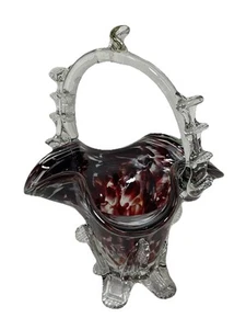 Vintage Burgunder Murano Glas Korb Vase Spritz Muster Atemberaubend Klassisch - Bild 1 von 12