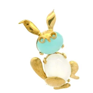 Estate 18k Yellow Gold Teal & White Moonstones Detailed Bunny Rabbit Pin Brooch - Picture 1 of 8