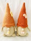 Whimsical Set Of 2 Hand Crochet Gnome 12 Inches Tall Cream & Orange