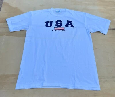 Camiseta Vintage Masculina Algodão Branco EUA Design Estampado Nápoles Personalizada, Tamanho XL - Imagem 1 de 4
