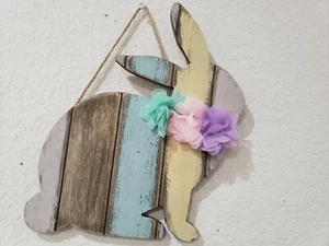 EASTER Spring 3D Floral Bunny Rabbit Wood Hanging Sign Home Decor - Picture 1 of 3