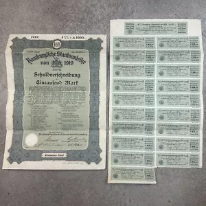 Germany 1919 Hamburgische Staatsanleihe 1000 Mark Bond Certificate w 20 Coupons - Picture 1 of 5