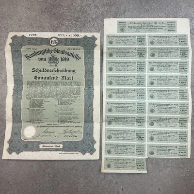 Alemania 1919 Hamburgische Staatsanleihe 1000 marcos certificado de bonos con 20 cupones Foto 1 de 4