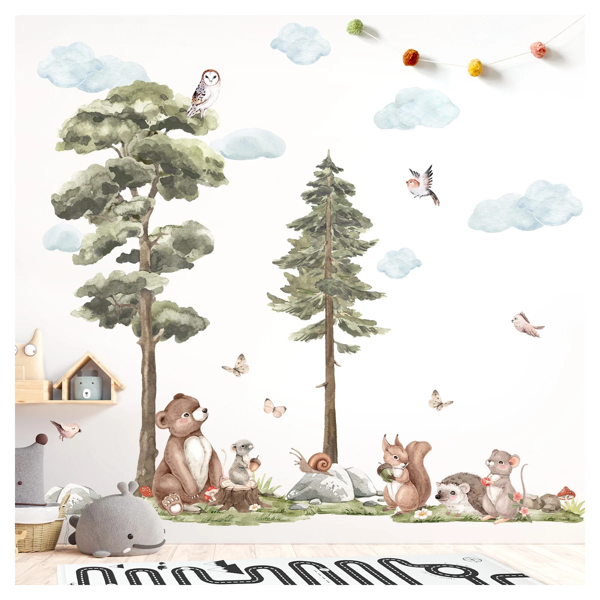 Supzone Wandtattoo Kinderzimmer – Waldtiere Bär, Tiger, Eichhörnchen Auf Baum, 30 X 90 Cm, Vinyl-Aufkleber