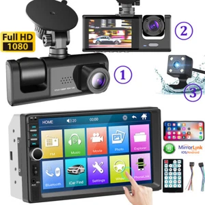 Car 3Lens Dash Cam Front/Rear/Inside Video Recorder Camera+7" HD Car MP5 Player - Picture 1 of 20