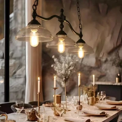 LNC Linear Bronze Rustic Chandelier, 3-Light Barn Black Pendant - Image 1 of 4