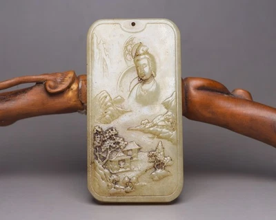 Colgante amuleto caballo Guanyin Kwan-yin paisaje jade hetiano natural de China de 2,9"" Foto 1 de 4