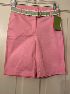 NWT KC Parker Kids Girls pink bermuda Shorts w/ green ribbon belt &pockets 14 - Picture 1 of 8