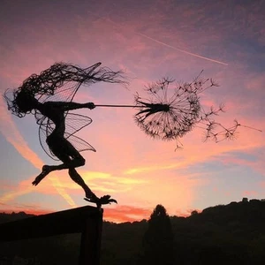 Flower Fairy Dancing with Dandelion Garden Art Sculpture Stainless Steel Stat... - Picture 1 of 6