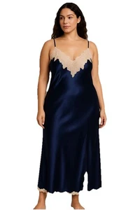 Y2K Jaclyn Smith Studio 3X Navy Satin Nightgown Lace Slip Dress Vintage - Picture 1 of 7