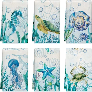 Set of 6 Beach Kitchen Towels Sea Themed Dish Beach Cloth Tea Towel Turtle Nauti - Picture 1 of 12