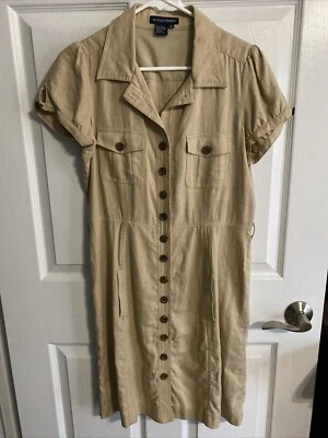 Vestido Boston Proper Mezcla de Lino Manga Corta, Bolsillos, Talla 10, Caqui, Sin Cinturón Foto 1 de 4