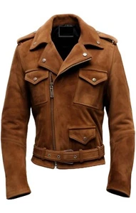 Men's Biker Camel Brown Retro Aviator Genuine Suede Real Leather Jacket - Picture 1 of 7