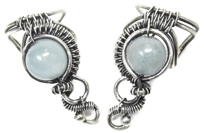 Par de orejeras de alambre tejido de aguamarina y plata de ley; pendientes no perforados Foto 1 de 4