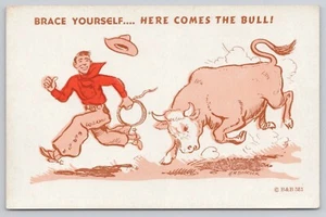 Brace Yourself Here Comes the Bull Chasing Cowboy Rodeo Comic Humor Postcard - Picture 1 of 2