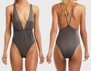 Vitamin A Stella Plunge One-Piece Swimsuit sz L / 10 Graphite Metallic ( black ) - Picture 1 of 5
