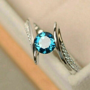 2.10Ct Round Blue Topaz & Simulated Engagement Woman's Ring Solid 14K White Gold