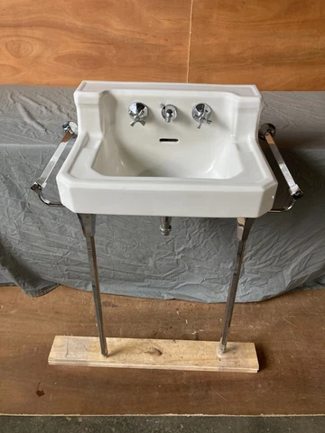 Vtg Mid Century White Porcelain Bath Sink Chrome legs Old Vtg Standard 423-23E Cover