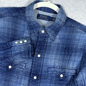 Polo Ralph Lauren Shirt Men Small Plaid Western Yoke Pearl Snap Flap Pocket Blue - Picture 1 of 13